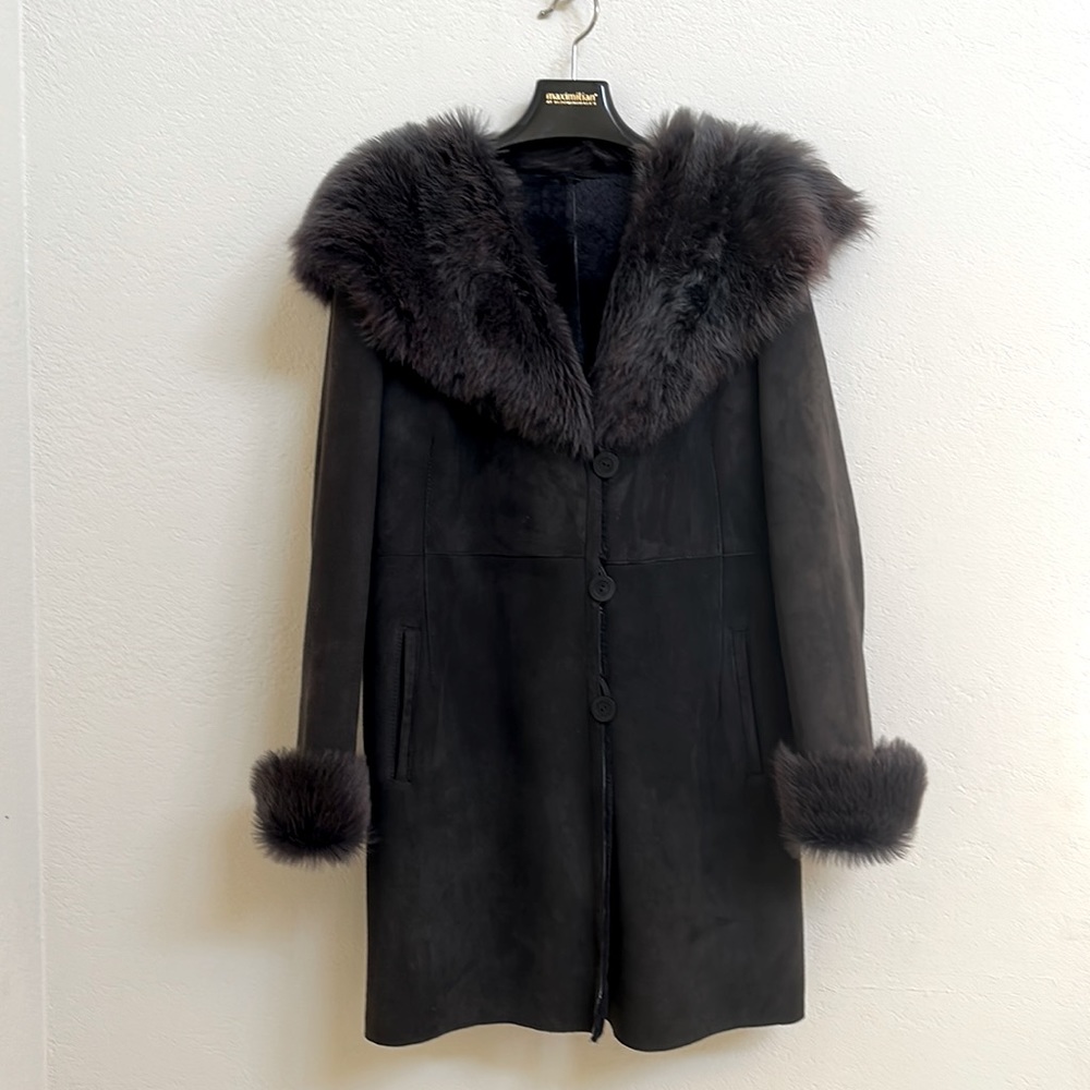 Maximilian charcoal shearling lamb jacket, size large